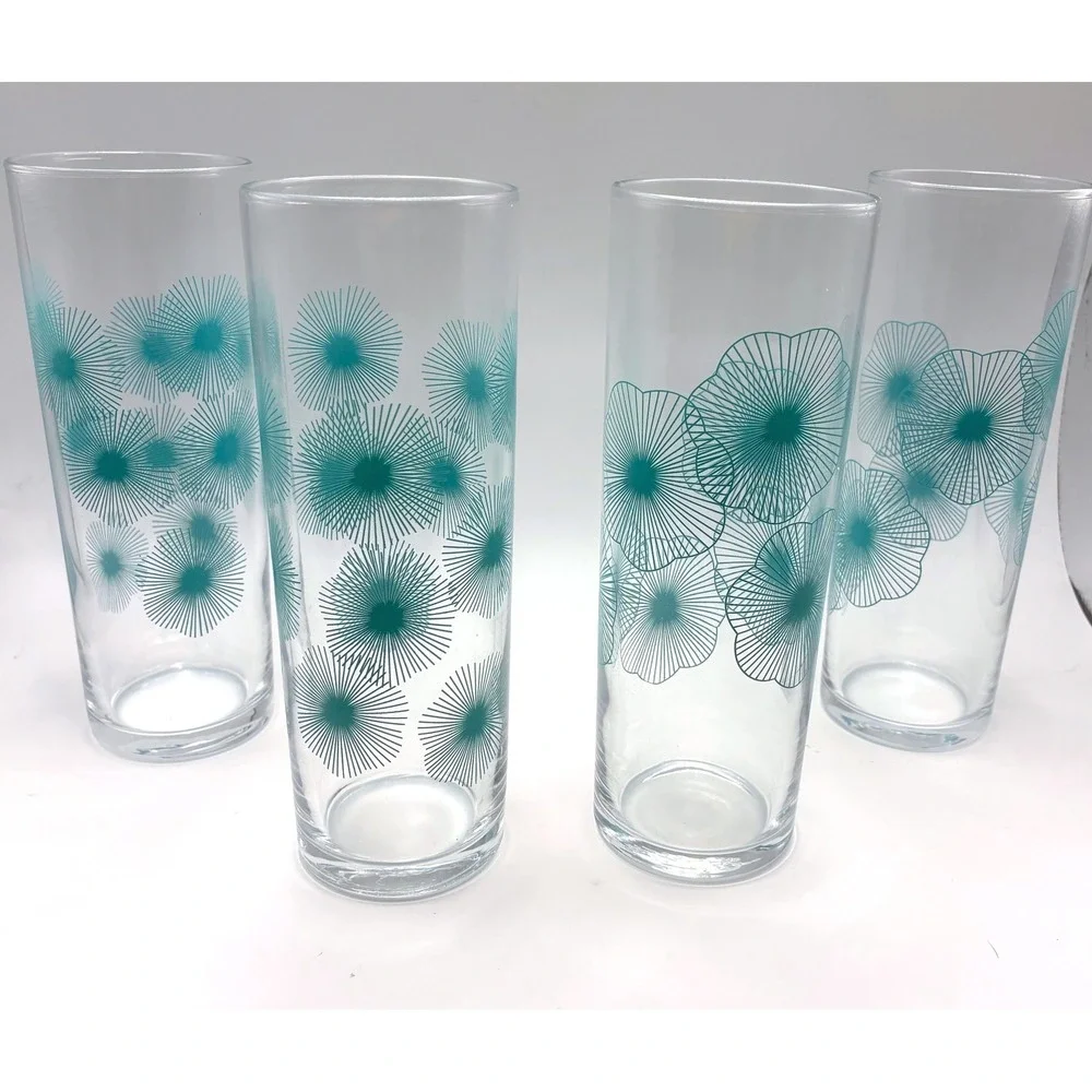 IKEA Snäll Highball Glasses Set of 4 Turquoise Atomic Sunburst 1970s Vintage MCM